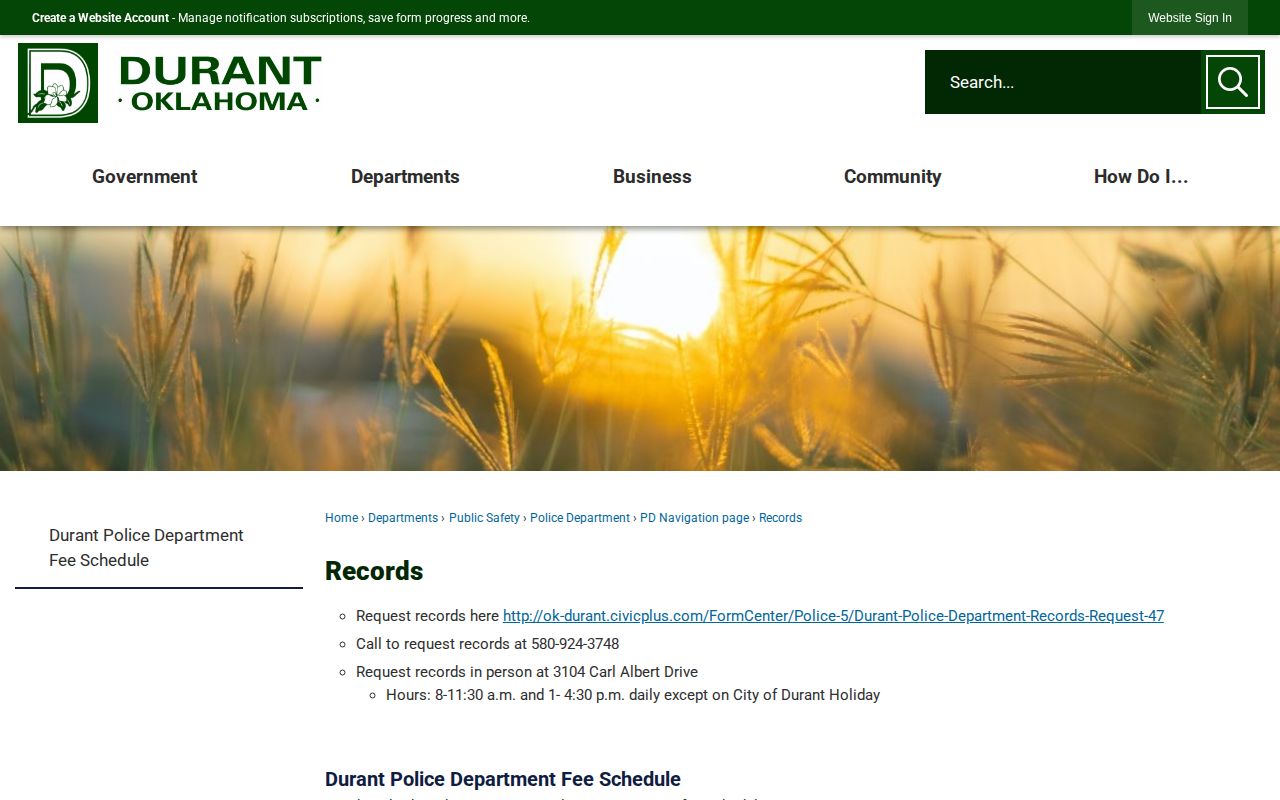 Durant Police Department arrest release records office in Bryan County