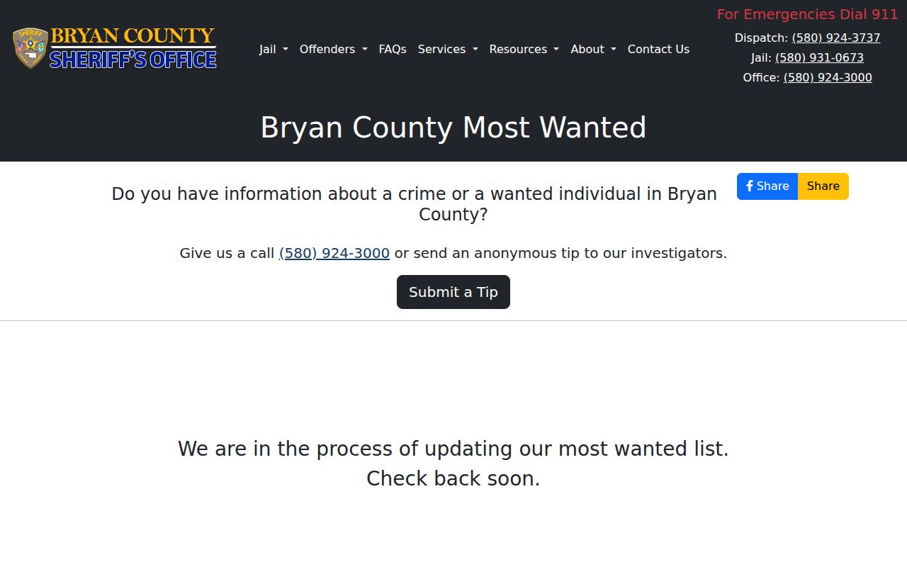 Bryan County supervision check using sheriff Most Wanted warning